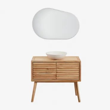 Zestaw Mebli Łazienkowych 90x45 Cm Z Drewna Deleyna Naturalna & Cement Okrągły Biały Ø40 Cm Zavion & Owalna Lampa Led I Przeciwmgielna 100x80 Cm Riben
