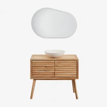 Zestaw Mebli Łazienkowych Z Drewna Deleyna Naturalna & Cement Okrągły Biały Ø40 Cm Zavion & Owalna Lampa Led I Przeciwmgielna - Sklum