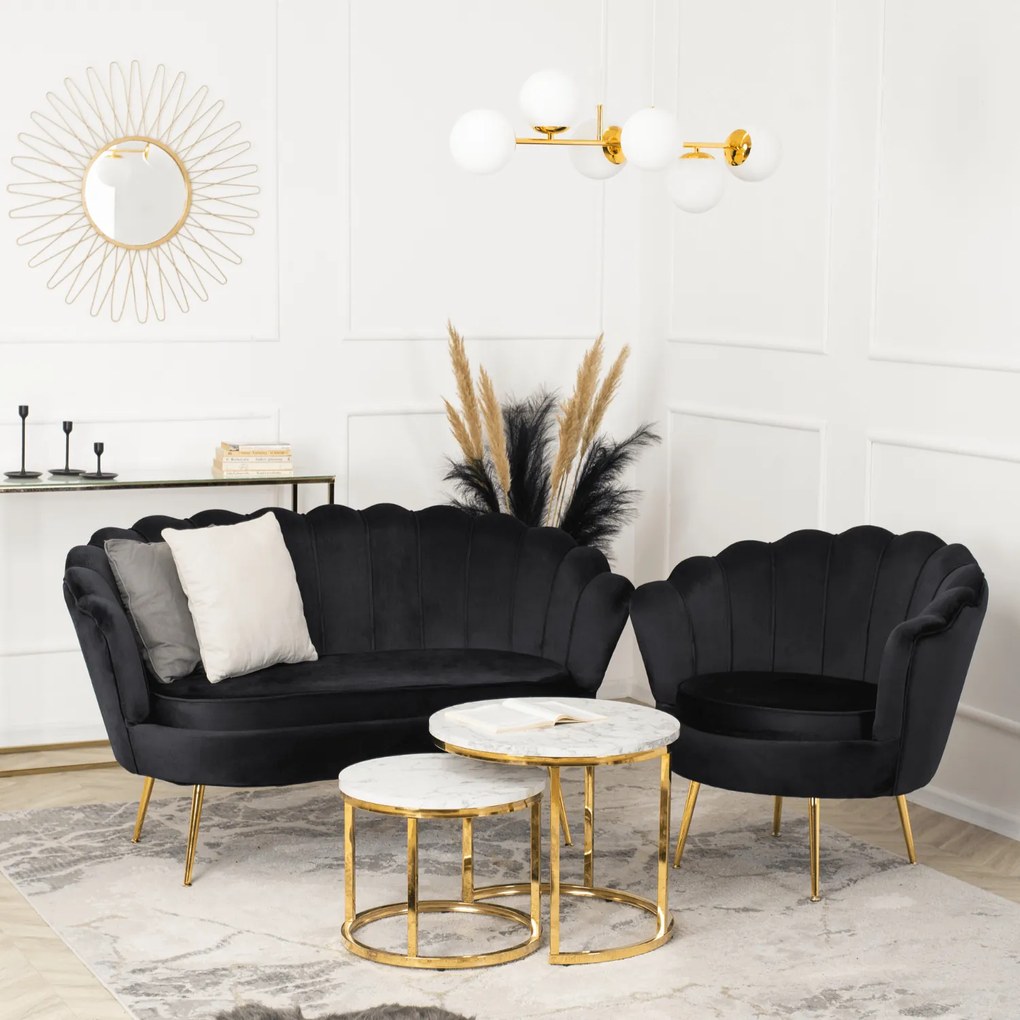 Sofa ZENDAYA Dwuosobowa Czarna Muszelka Glamour do Salonu