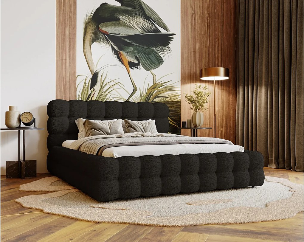 Emporius Parlas Bis łóżko 200x200 z pojemnikiem, łóżko tapicerowane do sypialni - gruba pianka, stelaż, tkanina boucle, czarny (Anthology 19)
