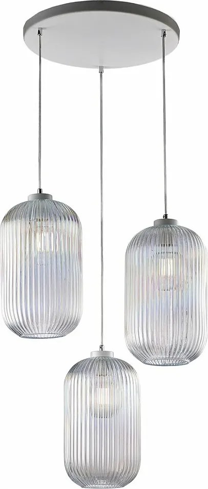 Lampa wisząca Krizia żelazo białe regulowane kable klosze szkło dmuchane przezroczyste wzór paski 3 lampy