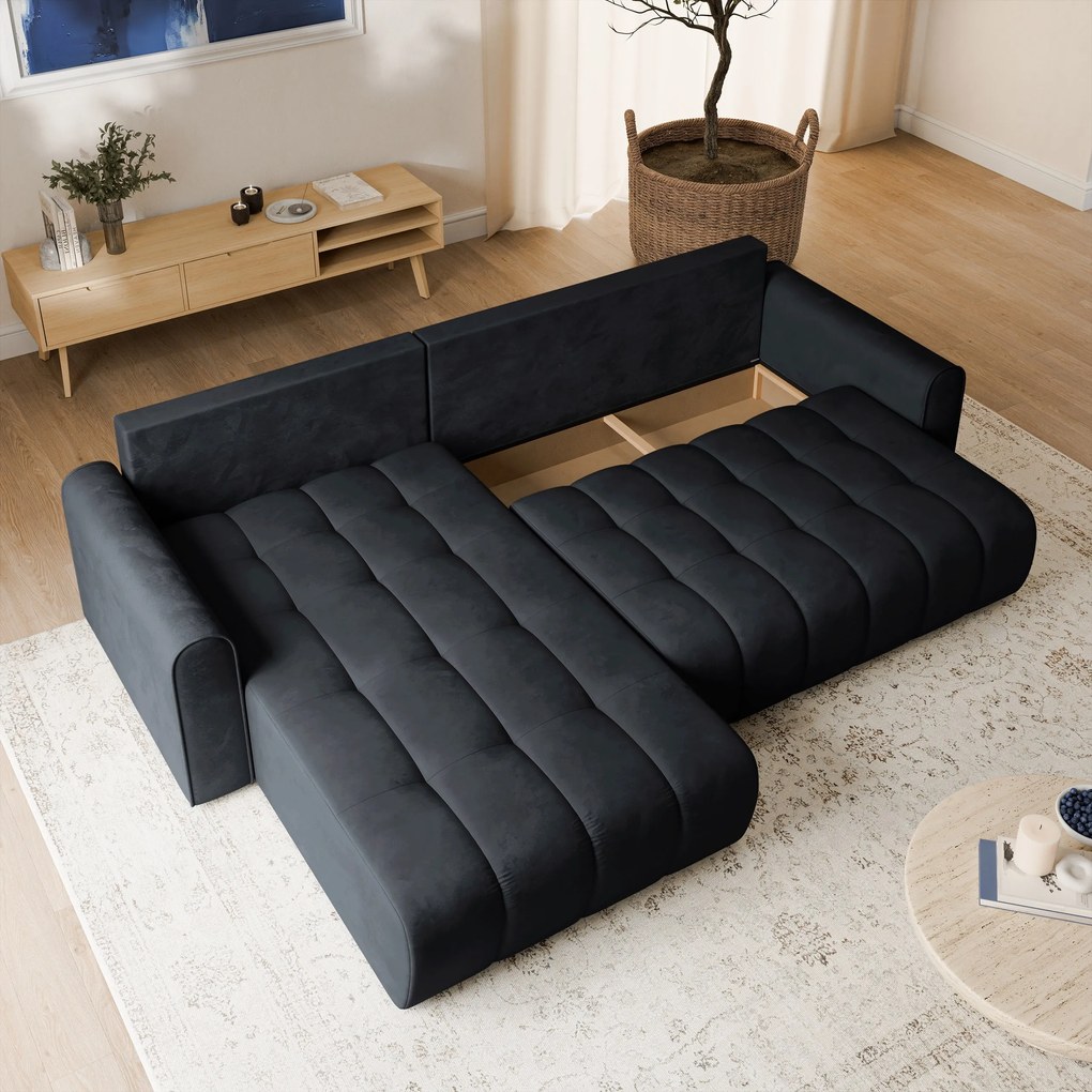 Masseno Narożnik FRIGA z funkcją spania i pojemnikiem na pościel Narozniki L, Rozkładana sofa - Czarny, MONOLITH 95