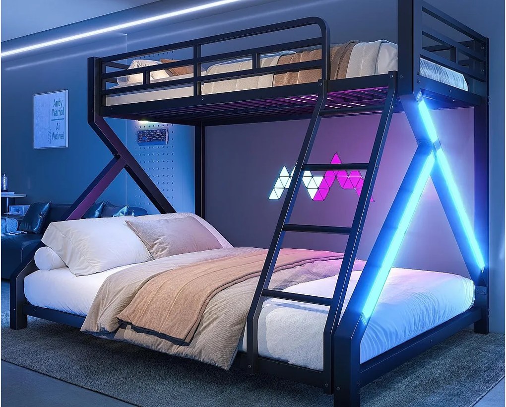 Łóżko piętrowe 90x200cm + 140x200cm - konstrukcja stalowa - z LED - z barierkami bezpieczeństwa i drabiną - czarny (materac nie jest wliczony w cenę)