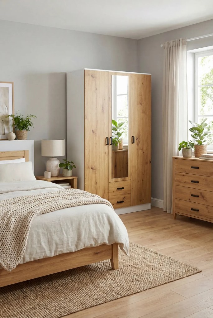 Skandynawska szafa trzydrzwiowa biały + dąb artisan D2-P71