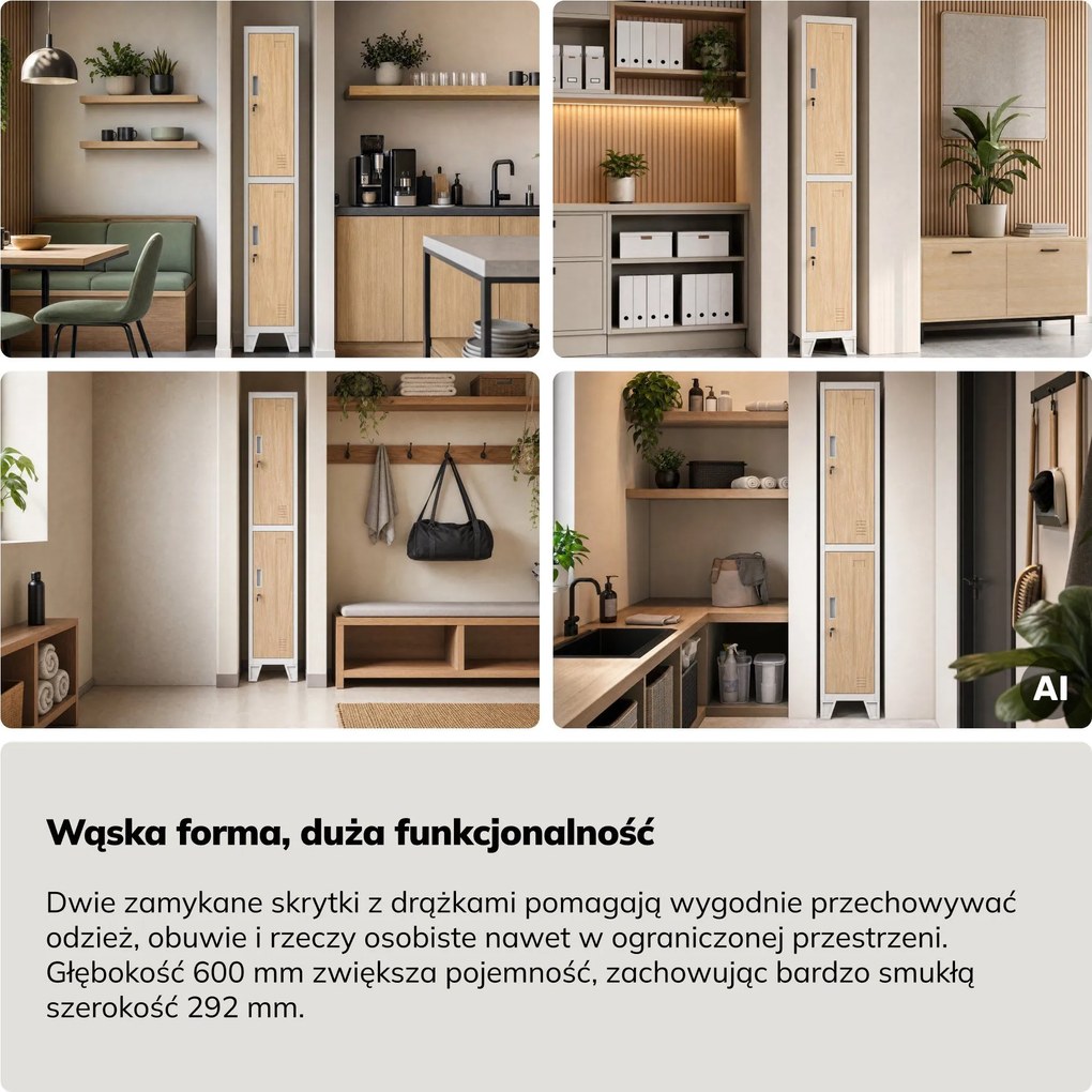 Szafka ubraniowa metalowa pracownicza głęboka 2-drzwiowa biała/dąb sonoma, 292x1720x600 mm: BARTEK 1 Plus D600 Eco Design