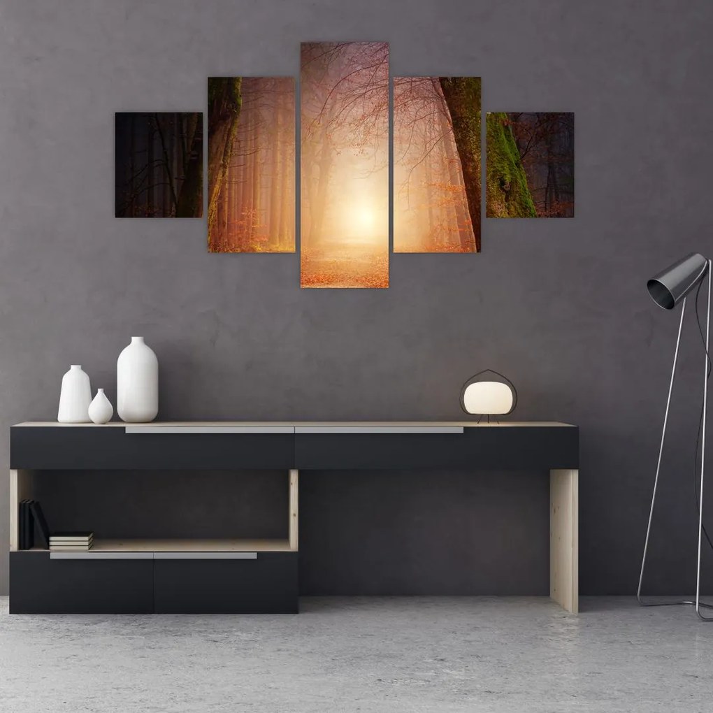 Obraz jesiennego lasu we mgle (125x70 cm)