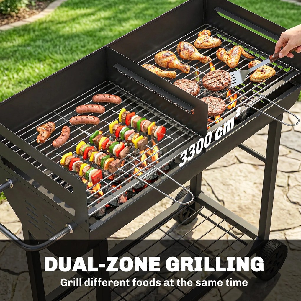 Outsunny Grill na węgiel drzewny z 2 strefami grillowania, regulowany ruszt, półka na drewno, kółka, boczny uchwyt, 103 x 46,5 x 100 cm | Aosom PL