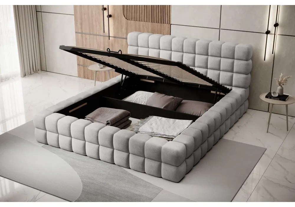 Szare tapicerowane łóżko dwuosobowe ze schowkiem ze stelażem 140x200 cm Dizzle – ELTAP