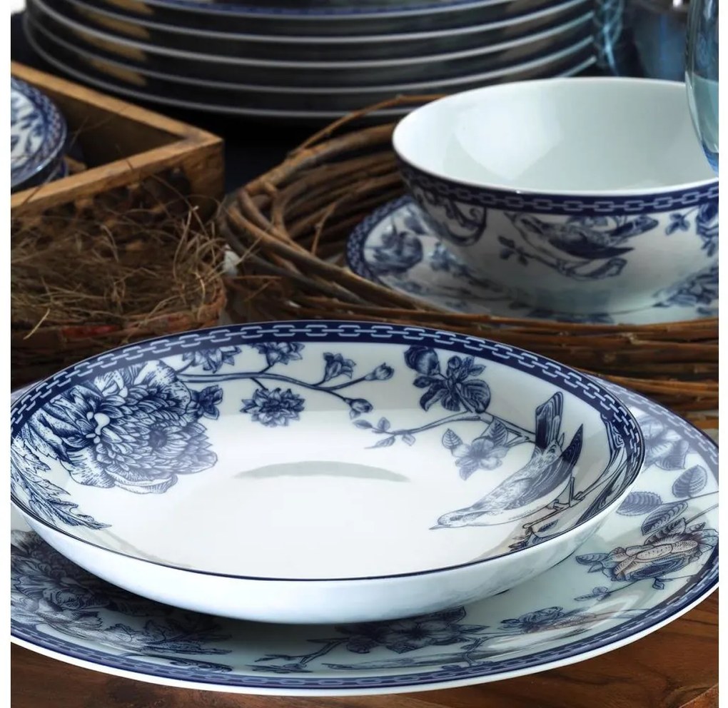 24-częściowy zestaw obiadowy, biało-niebieski, porcelanowy