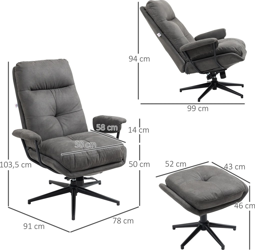 HOMCOM Fotel relaksacyjny z podnóżkiem, obrotowy fotel telewizyjny z funkcją leżenia