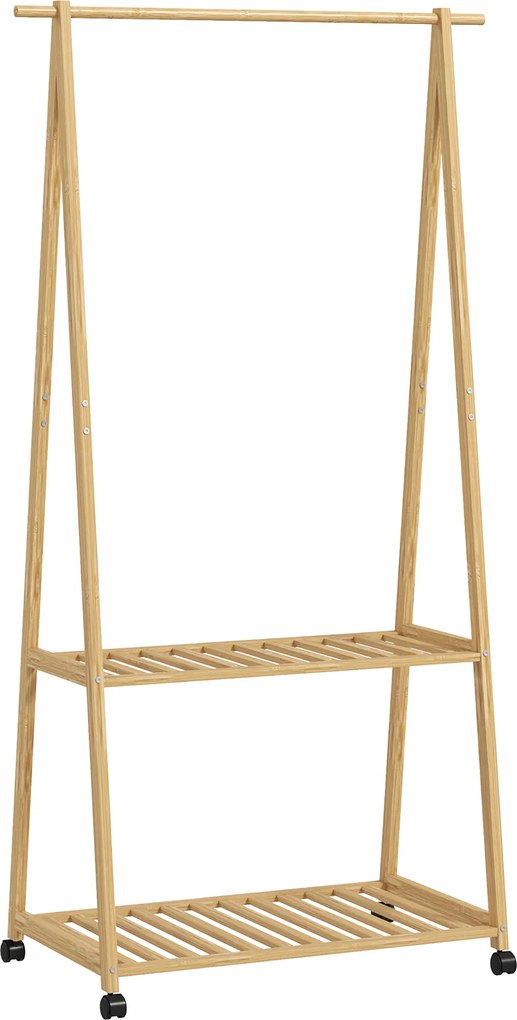 HOMCOM Stojak na ubrania, 2 dolne półki, 67 cm długi pręt, Bambus, Kółka