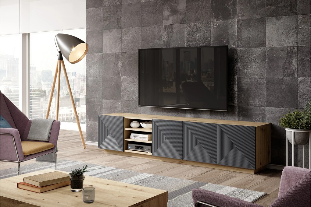 Szafka RTV Asha 200 cm z ryflowanym frontem i wnęką - artisan / rivier stone mat