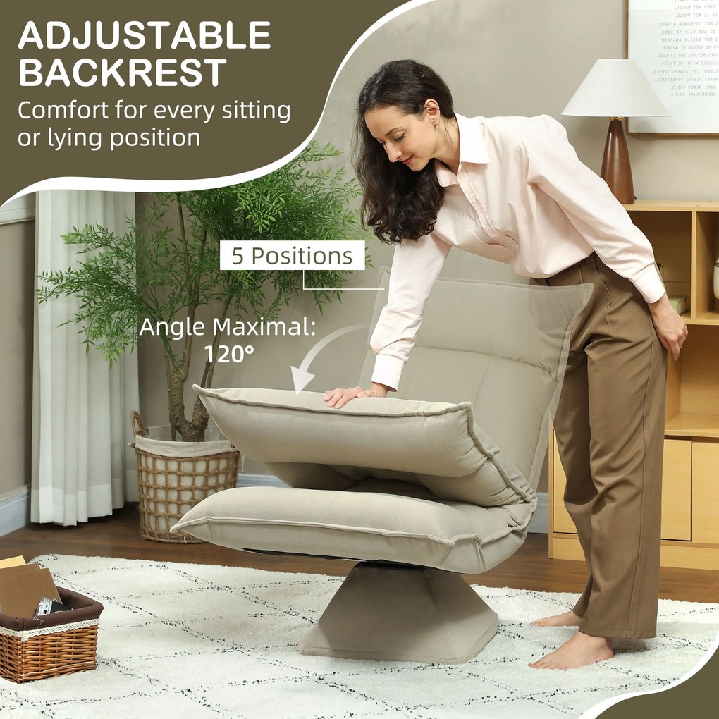 HOMCOM Obrotowy Krzesło Podłogowy z 5-pozycyjnym Regulowanym Oparciem, Nowoczesny Fotel Tapicerowany, Beżowy