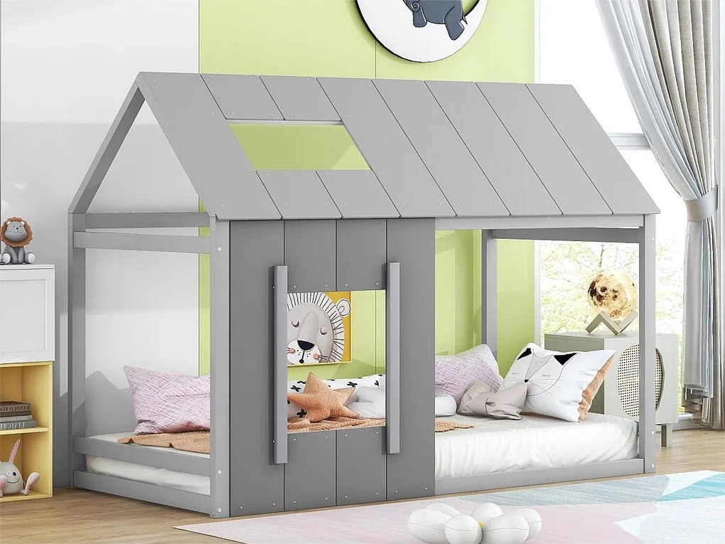 Łóżko kabinowe dla dzieci 90 x 200 cm - sosna i MDF - kolor: Szary