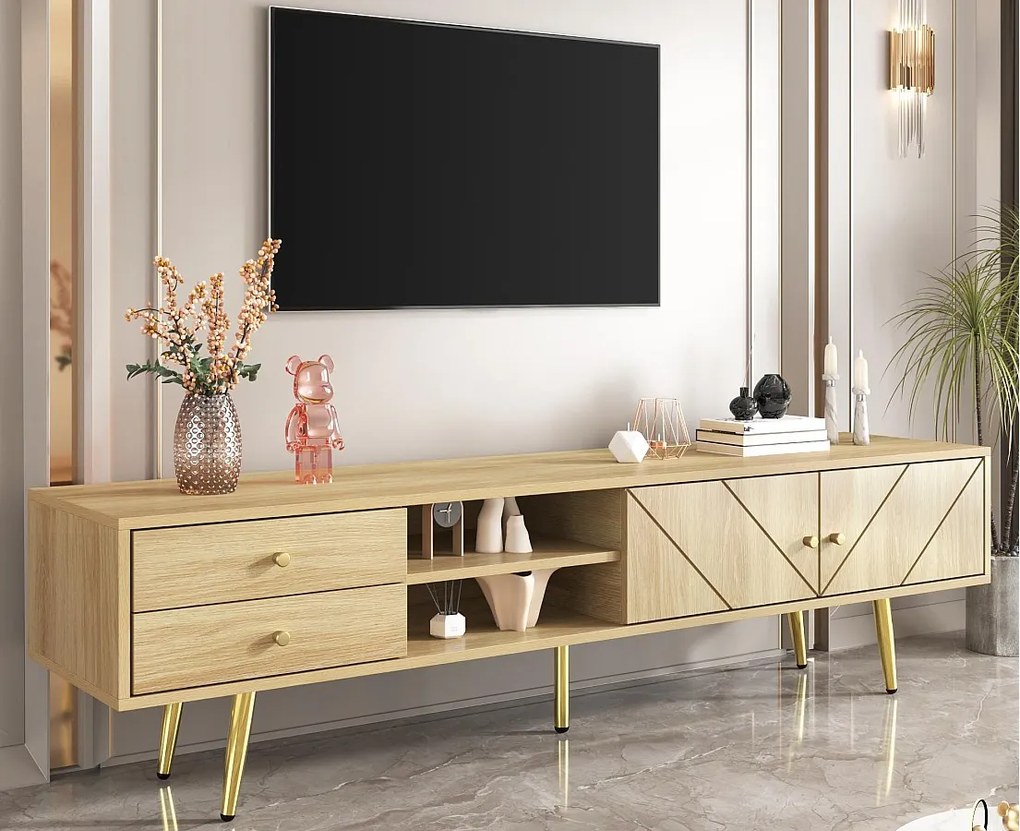 Meble TV 160x36x42cm - z 2 szufladami i 2 drzwiami - złote nogi - naturalne