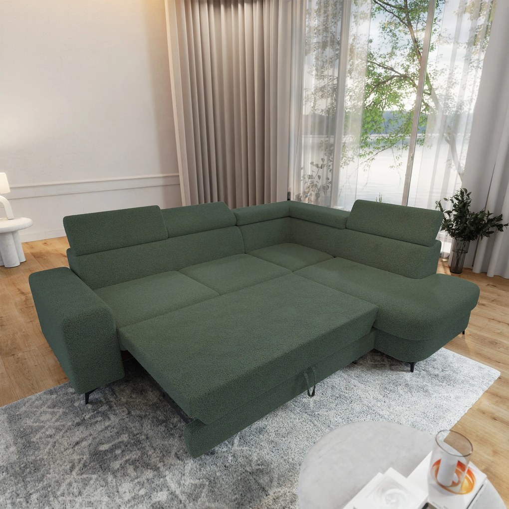 Masseno Narożnik ALVORO z funkcją spania i pojemnikiem na pościel Narozniki L, Rozkładana sofa - Zielony, QUELLE 37