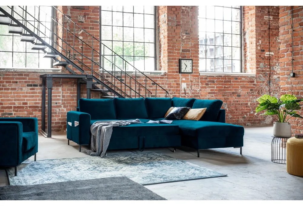 Turkusowy aksamitny rozkładany narożnik (prawostronny) Lofty Lilly – Miuform