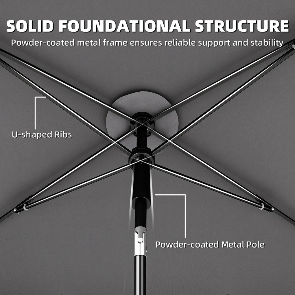 Outsunny Prostokątny parasol balkonowy z 3-stopniowym nachyleniem, korbowy parasol plażowy z 8 rozpórkami, 183x122x222 cm, ciemnoszary | Aosom PL