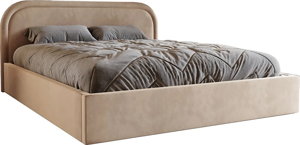 Łóżko z okrągłym zagłowiem 140x200 Dune, dwuosobowe do sypialni, pojemnik, stelaż drewniany - beżowy