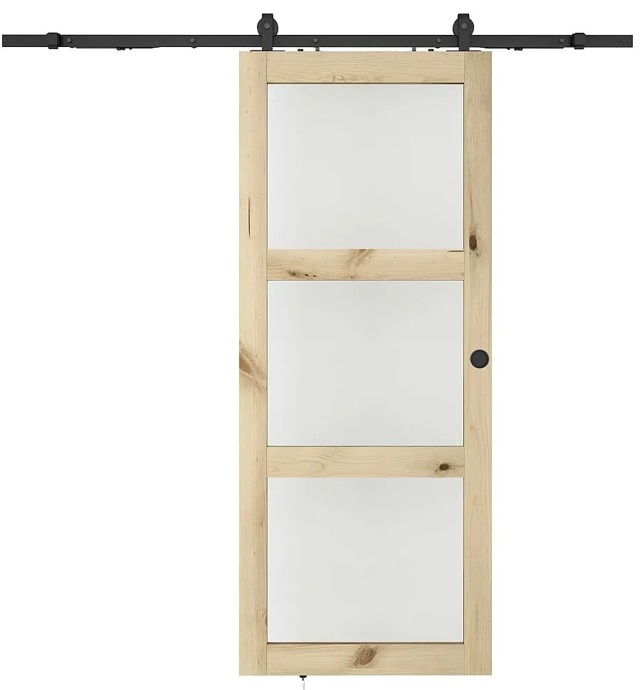 Drzwi przesuwnechowane w ścianie z drewna i matowego szkła hartowanego - 3 szyby - wys. 205 x szer. 83 cm - ACOSTA II