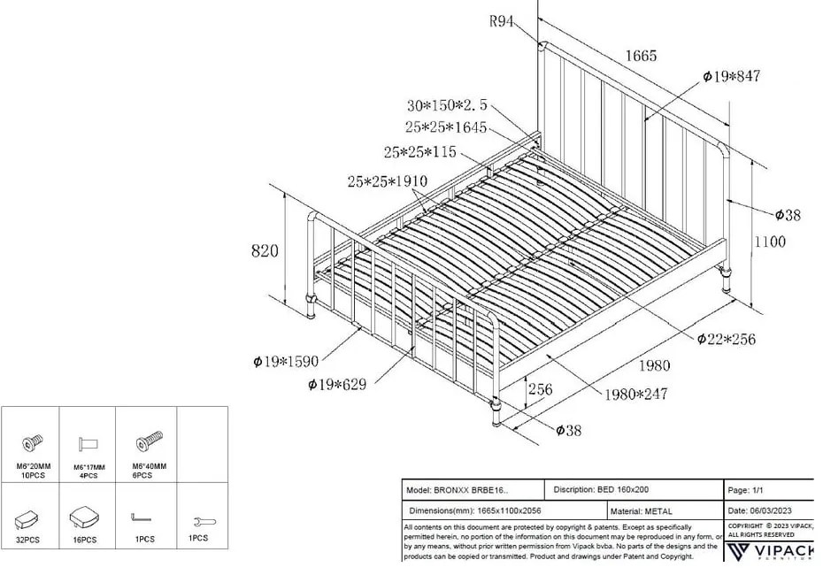 Niebieskie metalowe łóżko dwuosobowe ze stelażem 160x200 cm BRONXX – Vipack