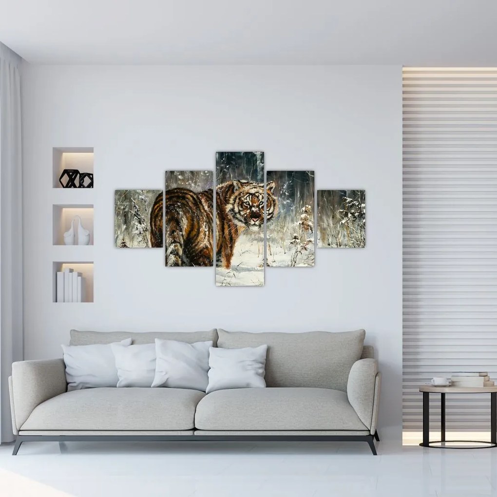 Obraz - Tygrys w zaśnieżonym lesie, obraz olejny (125x70 cm)