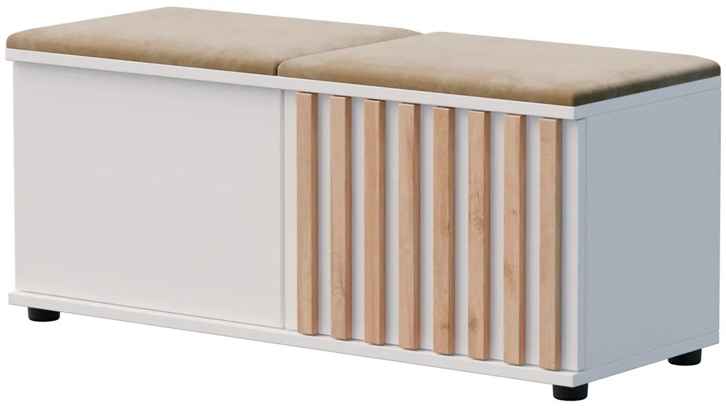 Biała szafka na buty z siedziskiem i lamelami G2-B61