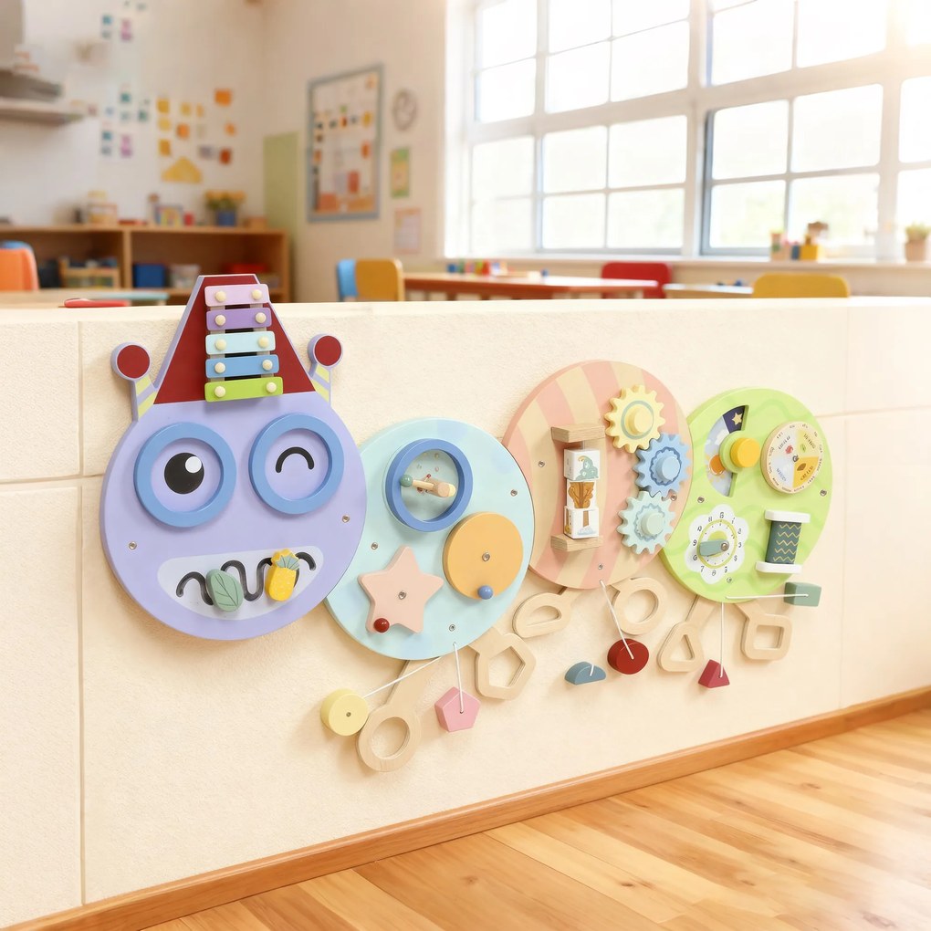 AIYAPLAY Zabawka ścienna 7-w-1, ksylofon, zębatki, design gąsienicy, MDF, 108 cm, kolorowy