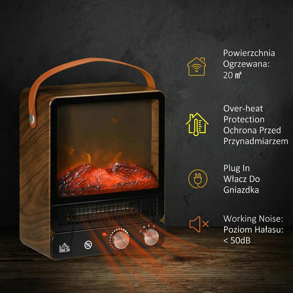 HOMCOM Elektrokamin, realistyczne ognisko, 2 tryby grzewcze do 50°C, zabezpieczenie przed przegrzaniem, wykończenie orzechowe, 30,3 x 17,5 x 37,4cm