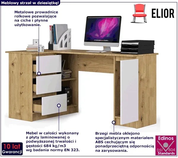 Lewostronne biurko z szufladami dąb artisan + biały - Volume 3X