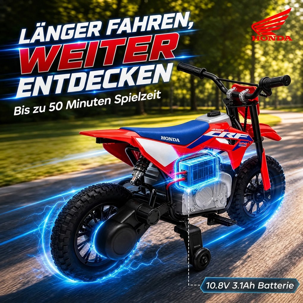 AIYAPLAY Elektryczny motocykl dla dzieci HONDA CRF 450R 12 V dziecięcy motocross z silnikiem 35 W akumulatorem litowym tylne zawieszenie koła 30,48 cm | Aosom PL