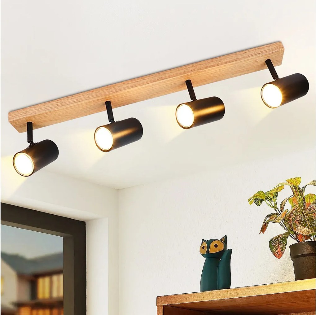 NETTLIFE Reflektor sufitowy 4 płomienie czarna drewniana lampa sufitowa GU10 regulowany 350° vintage