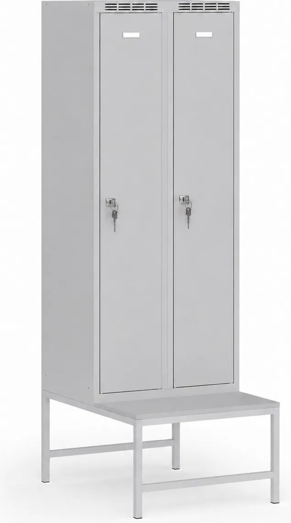 Szafka ubraniowa S7 z ławką, 2-drzwiowa, 1875 x 600 x 500/800 mm, demontaż, zamek cylindryczny, szare drzwi