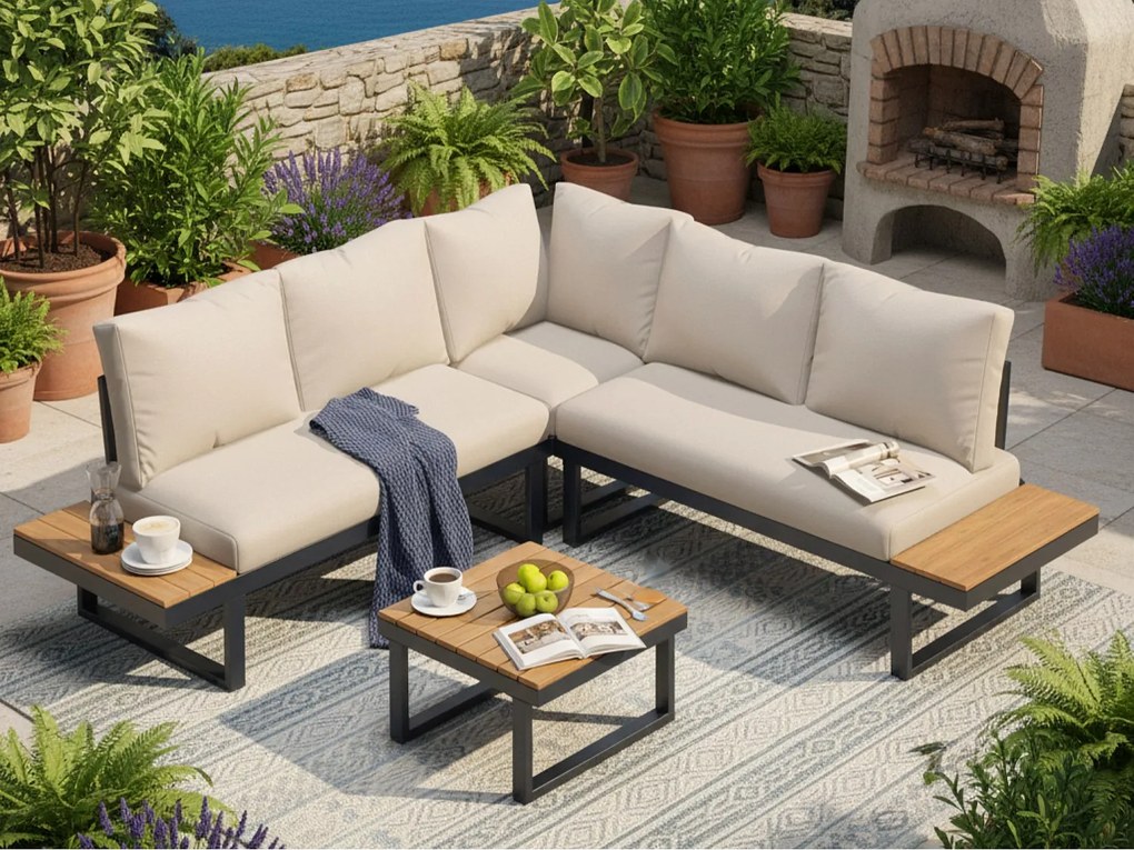 Zestaw mebli ogrodowych - 4 miejsca - ze stali ocynkowanej - narożna sofa - 1 stół w kolorze drewna - Beżowy