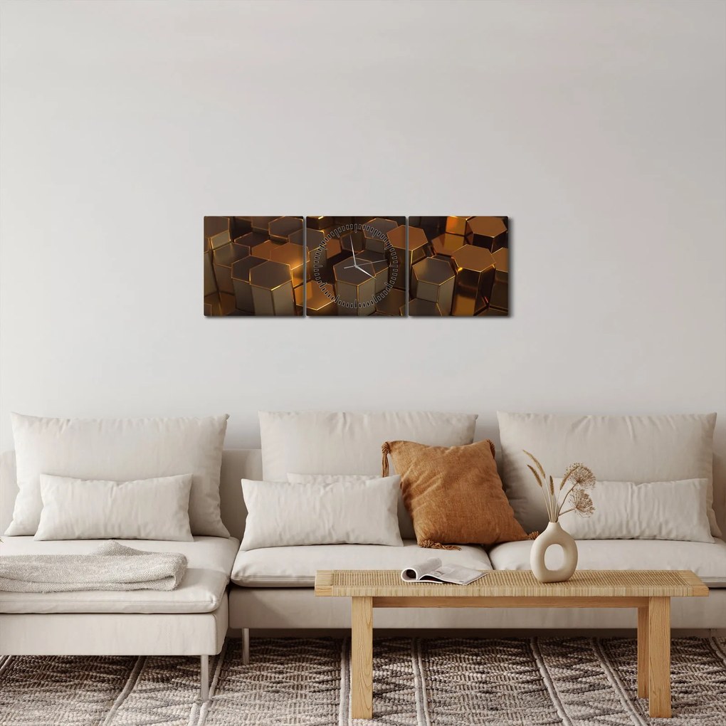 Obraz - Sześciokąty z brązu (z zegarem) (90x30 cm)