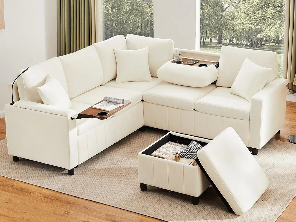 Kanapa narożna z chenille - z funkcją spania - z USB, Type-C i lampką do czytania - składane oparcie z dwoma uchwytami na kubki - z siedziskiem - Beżowy