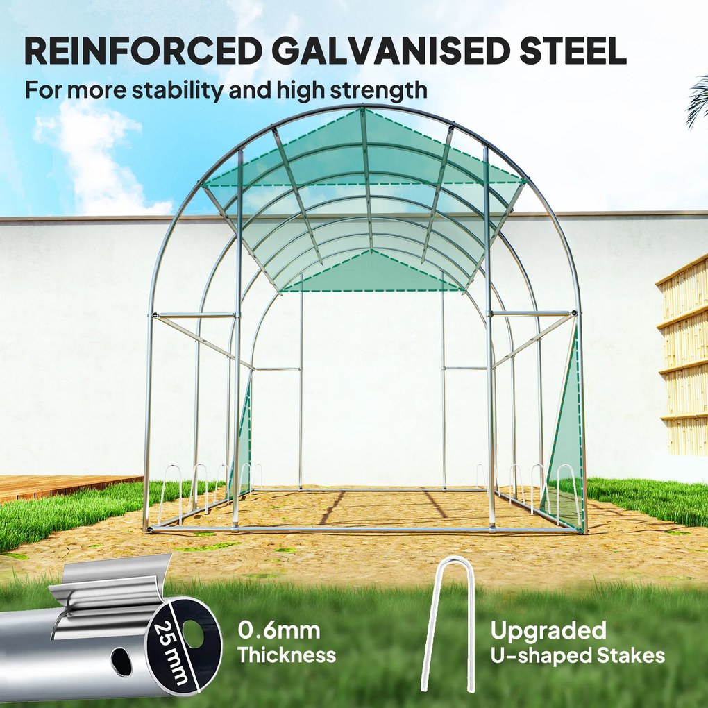 Outsunny Tunel foliowy z pokryciem z tworzywa sztucznego i stalową ramą, chodnikowa szklarnia z drzwiami rolowanymi, Zielony
