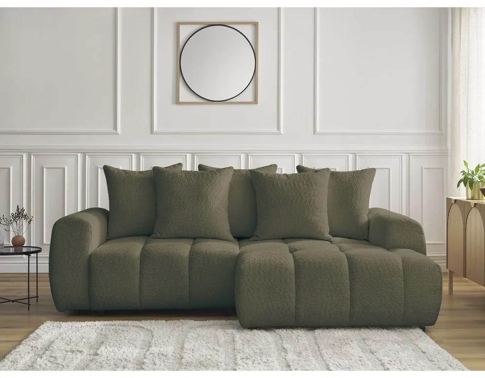 Rozkładany narożnik z materiału bouclé ze schowkiem (prawostronny/z szezlongiem) w kolorze khaki Roxelane – Bobochic Paris