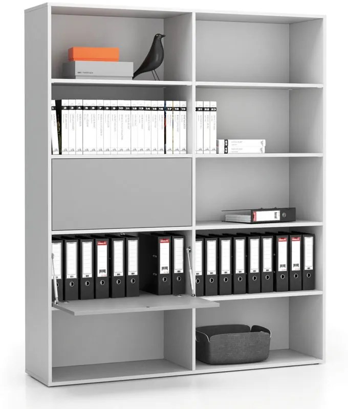 Regał biurowy szeroki LAYERS, 2 schowki, 1582 x 400 x 1905, biały/szary