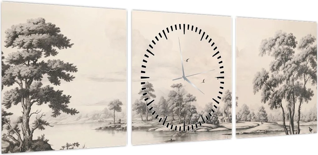 Obraz - Rysunek krajobrazu w stylu vintage (z zegarem) (90x30 cm)