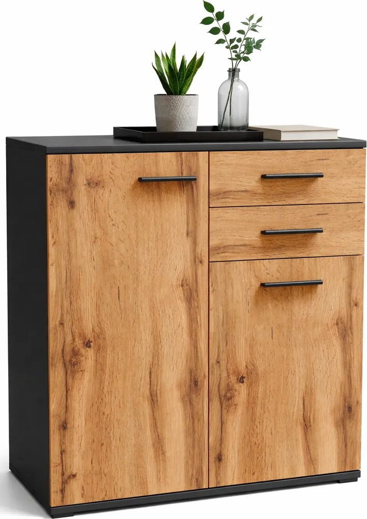 Komoda nowoczesna z 2 szufladami i półkami grafit + dąb wotan G5-N44