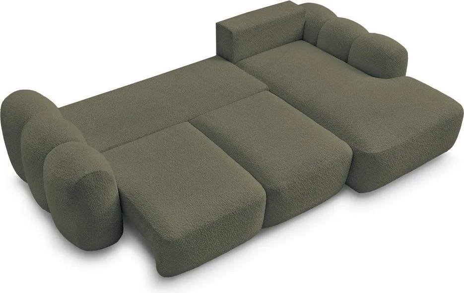 Zielony rozkładany narożnik z materiału bouclé ze schowkiem (prawostronny/z szezlongiem) Montaigne – Bobochic Paris