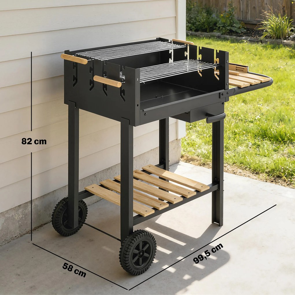 Outsunny Grill na węgiel drzewny z 4-stopniową regulacją wysokości rusztu, 2 drewniane półki, 2 kółka, tacka na popiół, 99,5 x 58 x 82 cm | Aosom PL
