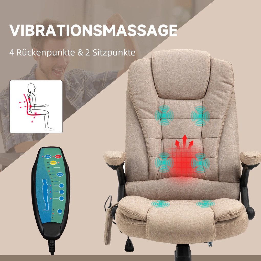Vinsetto Ergonomiczny fotel biurowy z funkcją masażu i ogrzewania, regulowany, 67 x 74 x 107–116 cm, Brązowy