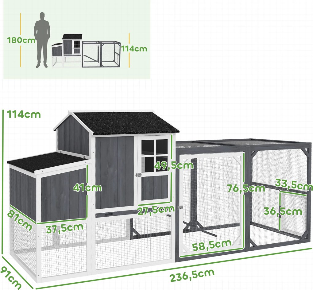 PawHut Kurnik z wybiegiem dla 3-4 kur, 3-częściowe gniazdo, 1,9 m² powierzchni, drewno jodłowe, szary