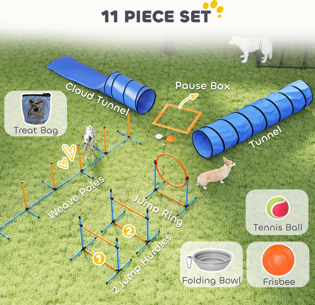 PawHut Zestaw Agility dla psów 11-częściowy wyposażenie Agility z 2 tunelami, regulowana wysokość, obręcz skokowa i płotki, tyczka slalomowa | Aosom PL