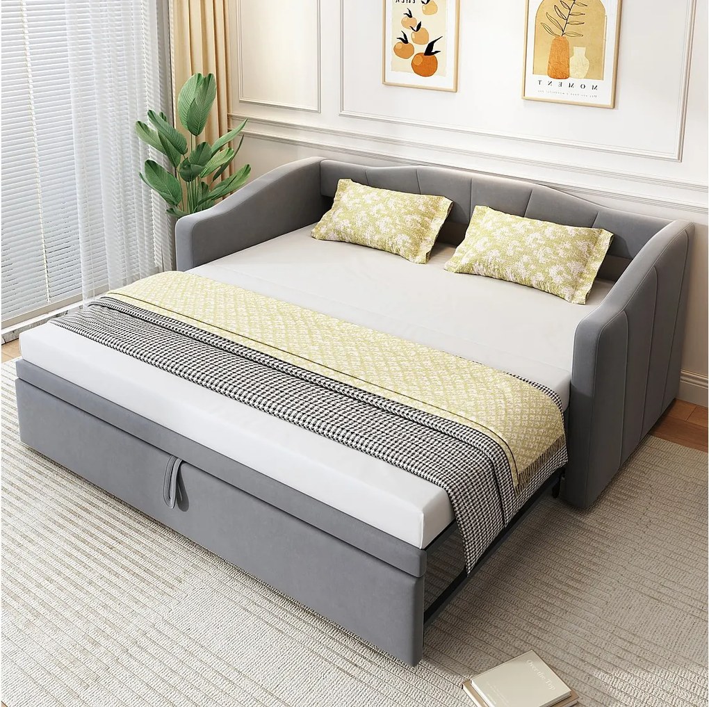 Sofa tapicerowana z funkcją spania i wysuwanym łóżkiem - 90/180 x 200 cm - z podstawą z listew - aksamit - szara