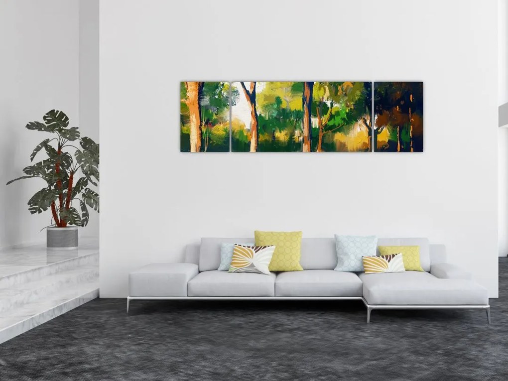 Obraz lasu w letnim słońcu, malarstwo (170x50 cm)