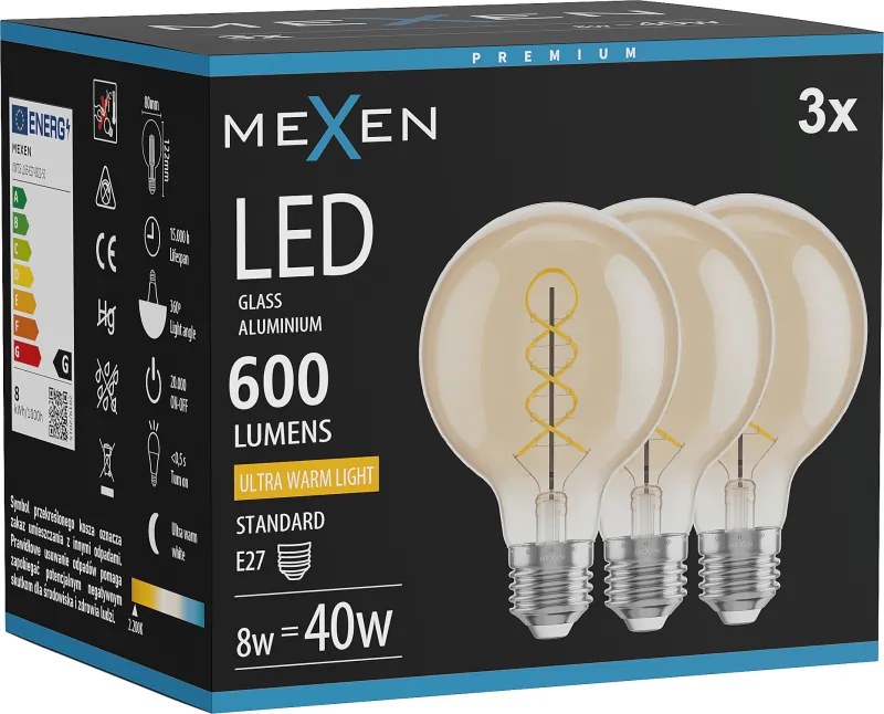 Mexen Vintis 3x żarówka filament spirala LED E27, G80, 8W, Ciepła - 2200K, 600 lm, amber - L165-E27-0822-50x03