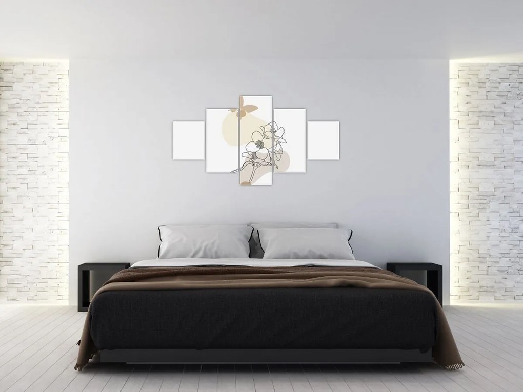 Obraz - Beżowe kwiaty z motylem N⁰3 (125x70 cm)
